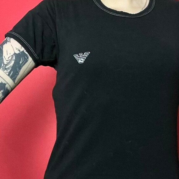 Black Armani tee shirt with white graphics and writing on front and back‌‌‌ - Picture 2 of 2